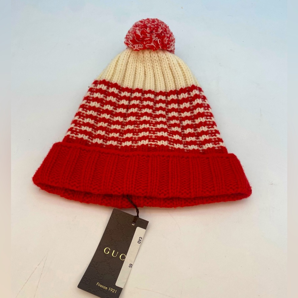NEW Gucci Men's 399568 100% Wool Red Cream Striped Beanie Ski Hat